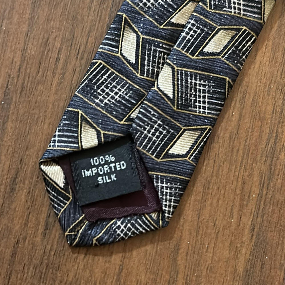 VTG Deansgate Geo Print Art Deco Mens Neck Tie, Formal, 100% Silk, Gray Tan - Picture 6 of 9